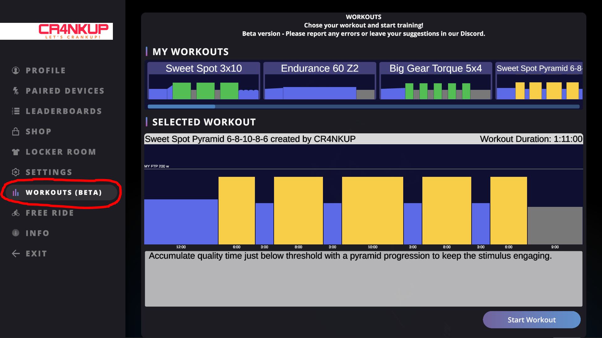 Showing the CR4NKUP ingame workout menu.