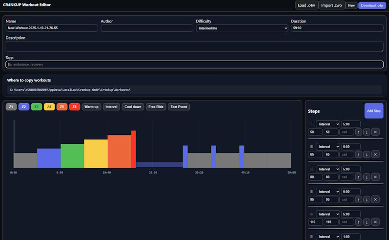 A picture showing the workout editor of cr4nkup.